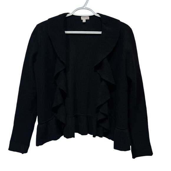 Halogen Petite Focus Small Women Sweater Black 100% Merino Wool Ruffles Open - Picture 1 of 10